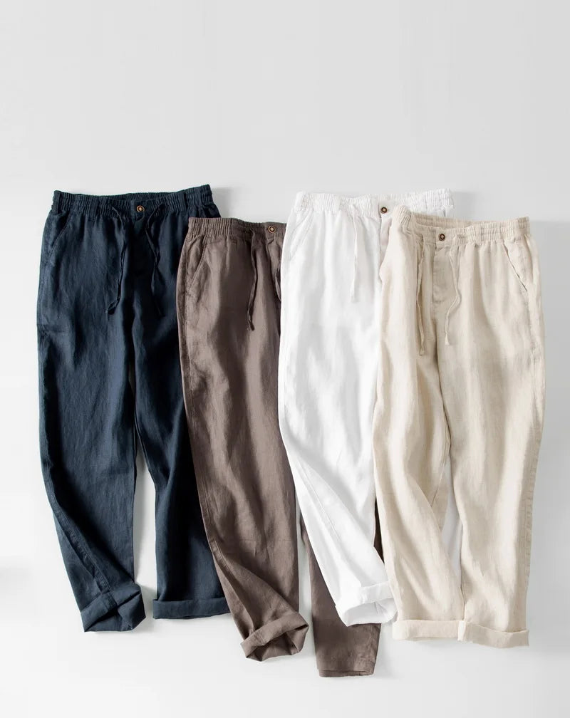 Italy 100% linen brand pants men casual fashion trousers for men solid elastic waist pants mens trend breathable trousers men