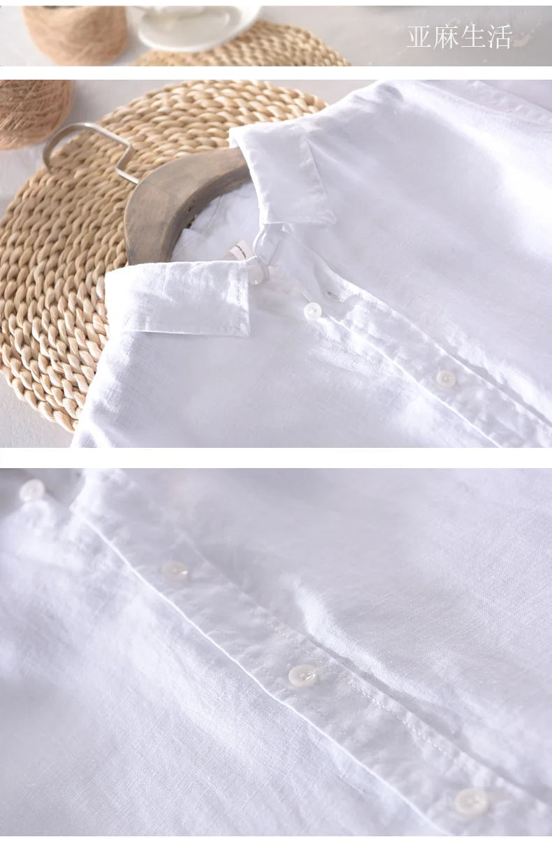 New Designer 100% Linen Long Sleeved Shirt Men Brand Casual Solid White Button Up Shirts for Men Top