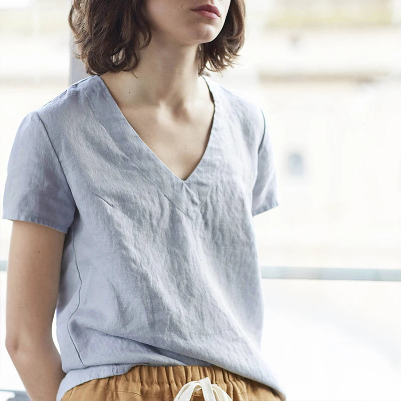 100% Linen V-Neck Short-Sleeved T-Shirt 2021 Summer New Womens Loose Casual Literary Tee Japanese Linen Tops