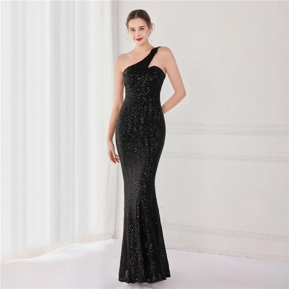 YIDINGZS Women Sexy Slash Neck Party Maxi Dress One Shoulder Sequin Evening Dress Long Prom Dress 18891