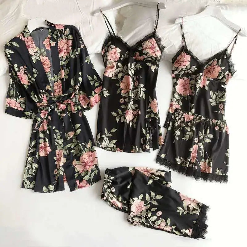 Lace Patchwork 5PCS Sleepwear Nightgown Kimono Bathrobe Gown Satin Lady Nighty&Robe Suit Sexy Home Clothes White Wedding Robe