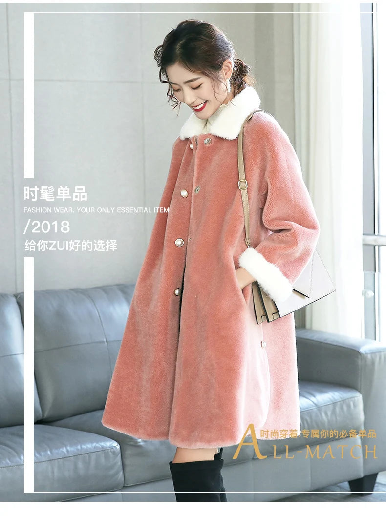 2020 Natural Sheep Shearing Fur Coat With Real Mink Fur Collar Winter Jacket Women Long Warm Overcoat casaco feminino LX2529