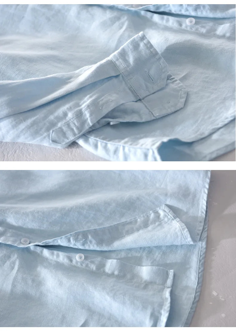 New Designer 100% Linen Long Sleeved Shirt Men Brand Casual Solid White Button Up Shirts for Men Top