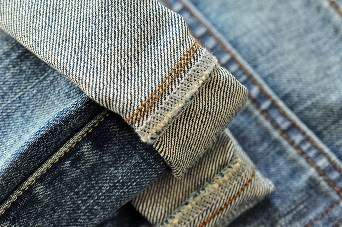 Saucezhan Mens Jeans Distressed  Moustache Effect Wash  Selvedge Denim Jeans  Motorcycle Regular Fit Straight Leg 14 Oz