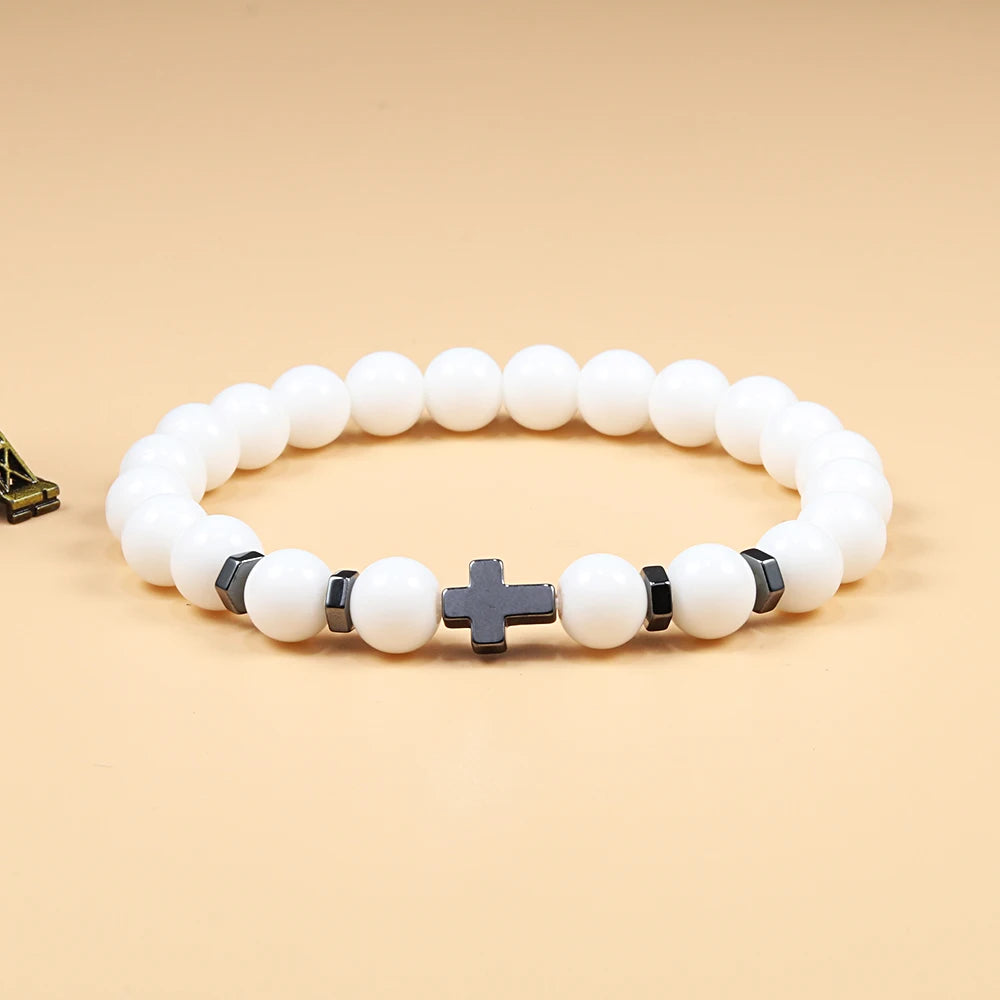 Dropshipping Hot Men Natural Lava Stone Bead Bracelets Hematite Cross Rosary Meditation Prayer Jesus Bracelet Women Yoga Jewelry