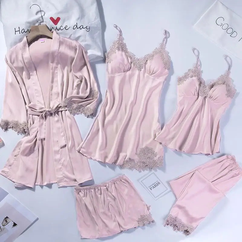 Lace Patchwork 5PCS Sleepwear Nightgown Kimono Bathrobe Gown Satin Lady Nighty&Robe Suit Sexy Home Clothes White Wedding Robe