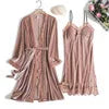 Kimono Robe Velvet Sleepwear Women Casual 2PCS Sleep Set Long Sleeve Bathrobe Gown Novelty Autumn New Velour Home Clothing