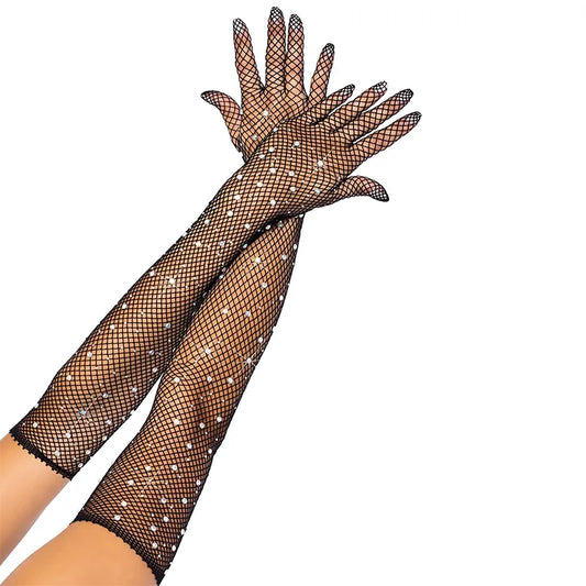 Women Sexy Thin Hollow Flash Drilling Grid Fishing Net Cosplay Halloween Ball Party Nightclub Pole Dance Accessories Gloves