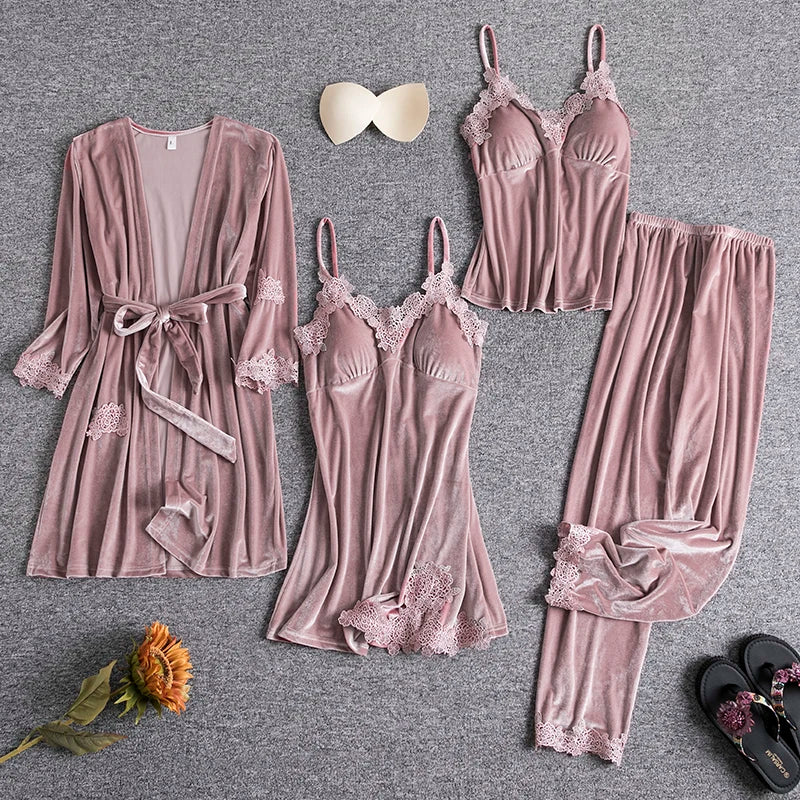 Velour Pajamas Suit Burgundy Womens 4PCS Nightgown Sleep Set Spring Robe Gown Sleepwear Pijamas Velvet Nightwear Home Clothing