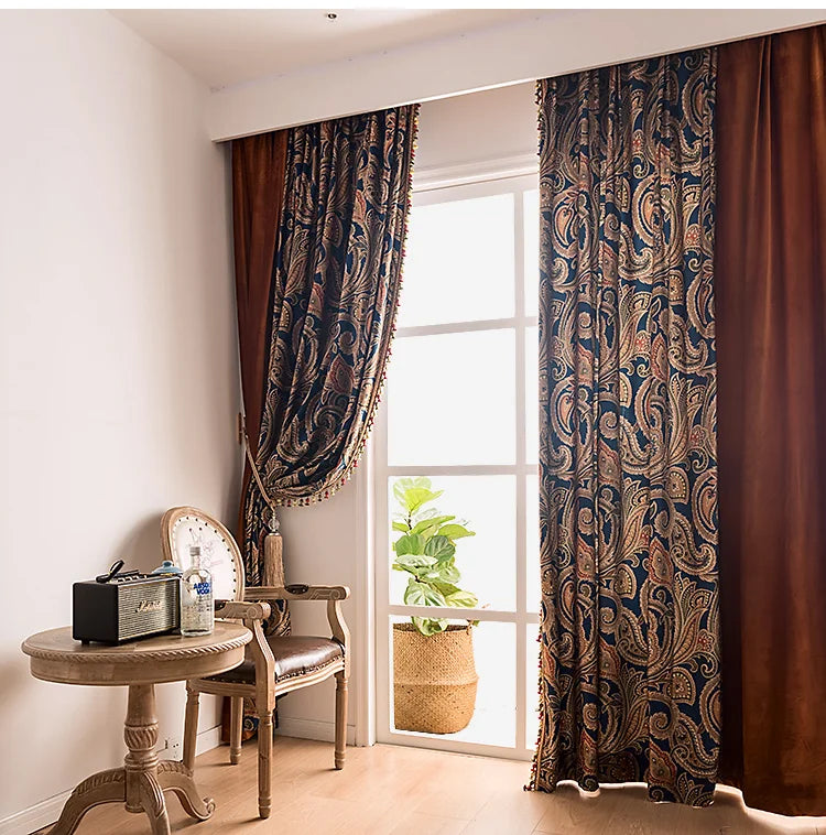 American Light Luxury Orange Orange Velvet Pure Color Lace Stitching Blackout Curtains for Living Room Bedroom Finished Product