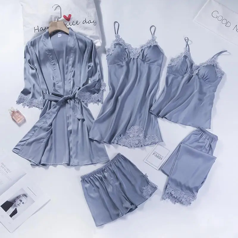 Lace Patchwork 5PCS Sleepwear Nightgown Kimono Bathrobe Gown Satin Lady Nighty&Robe Suit Sexy Home Clothes White Wedding Robe