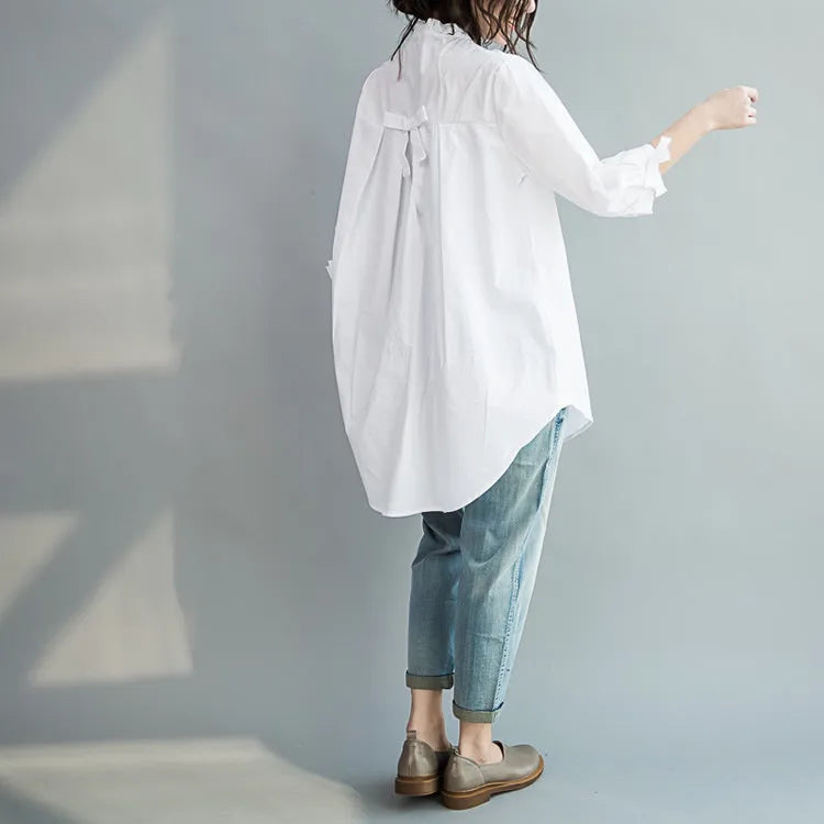 Summer 100% Cotton Women White Shirts Fashion Long-sleeve Large Loose Blouse Bow Fashion Lady Clothing 0.24KG