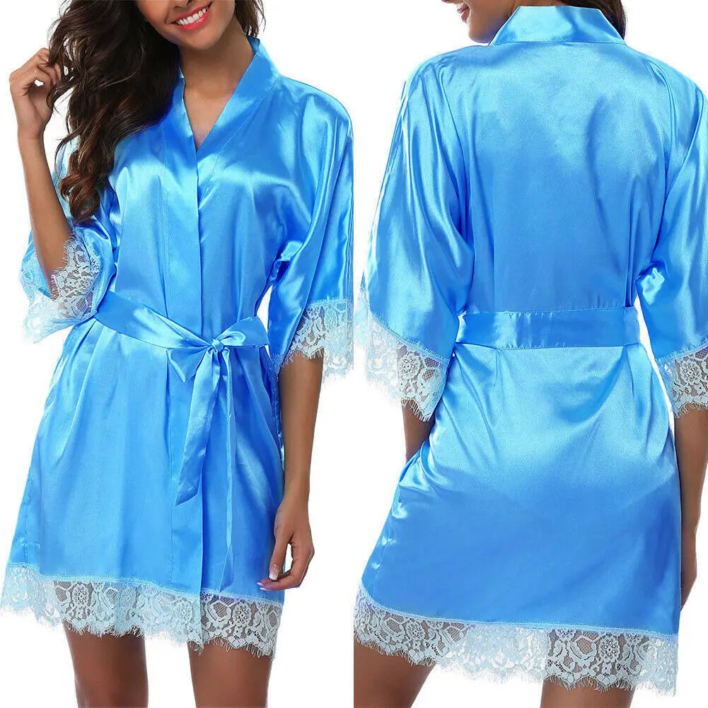Women Night Gown Satin Robe Bathrobe Satin Nightgown Halt Sleeve Pajamas Lingerie Night Mini Dress Lace Sexy Sleepwear hot sale