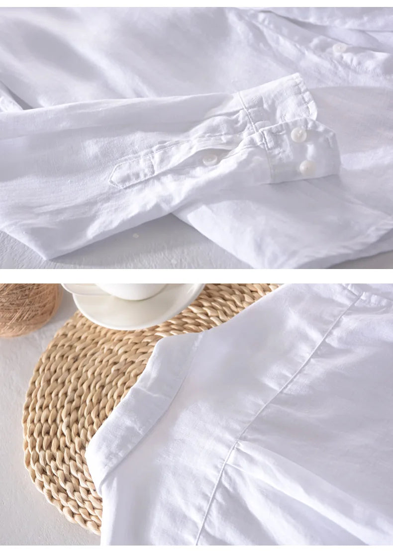 New Designer 100% Linen Long Sleeved Shirt Men Brand Casual Solid White Button Up Shirts for Men Top