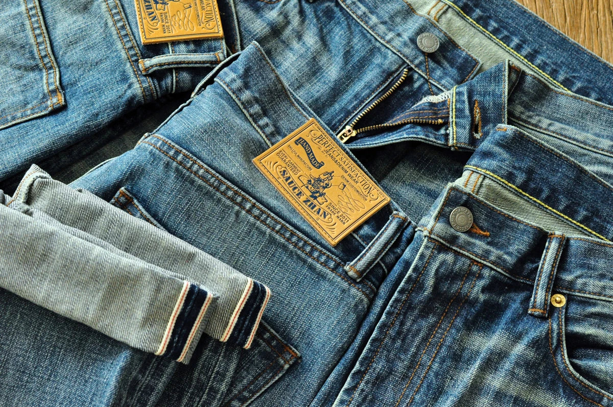 Saucezhan Mens Jeans Distressed  Moustache Effect Wash  Selvedge Denim Jeans  Motorcycle Regular Fit Straight Leg 14 Oz