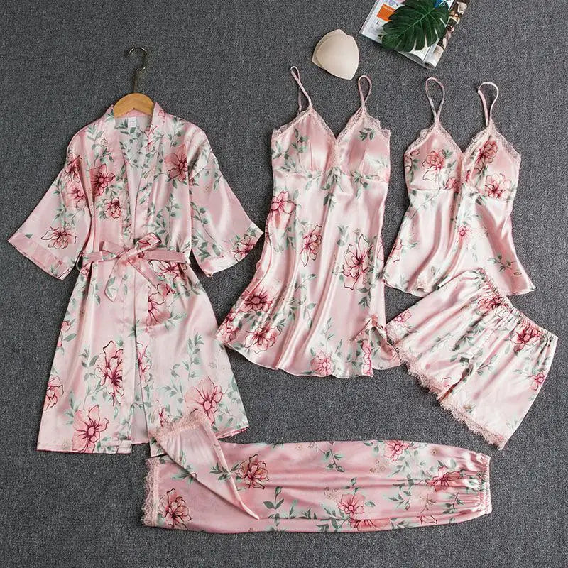 Sleepwear Female 5PCS Pajamas Set Satin Pyjamamas Lace Patchwork Bridal Wedding Nightwear Rayon Home Wear Nighty&Robe Suit