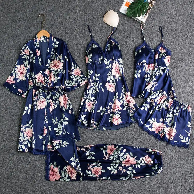 Sleepwear Female 5PCS Pajamas Set Satin Pyjamamas Lace Patchwork Bridal Wedding Nightwear Rayon Home Wear Nighty&Robe Suit