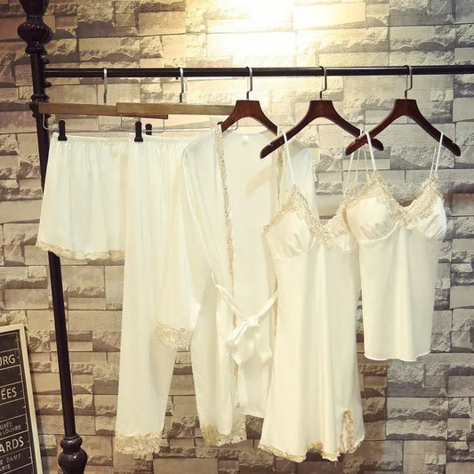 SexyWhite Lace 5PCS Sleepwear Pajamas Set Women Silk Pijamas Pyjamas Nightwear Bride Bridesmaid Wedding Robe Intimate Lingerie