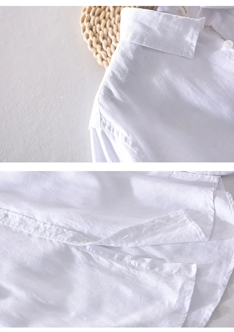 New Designer 100% Linen Long Sleeved Shirt Men Brand Casual Solid White Button Up Shirts for Men Top