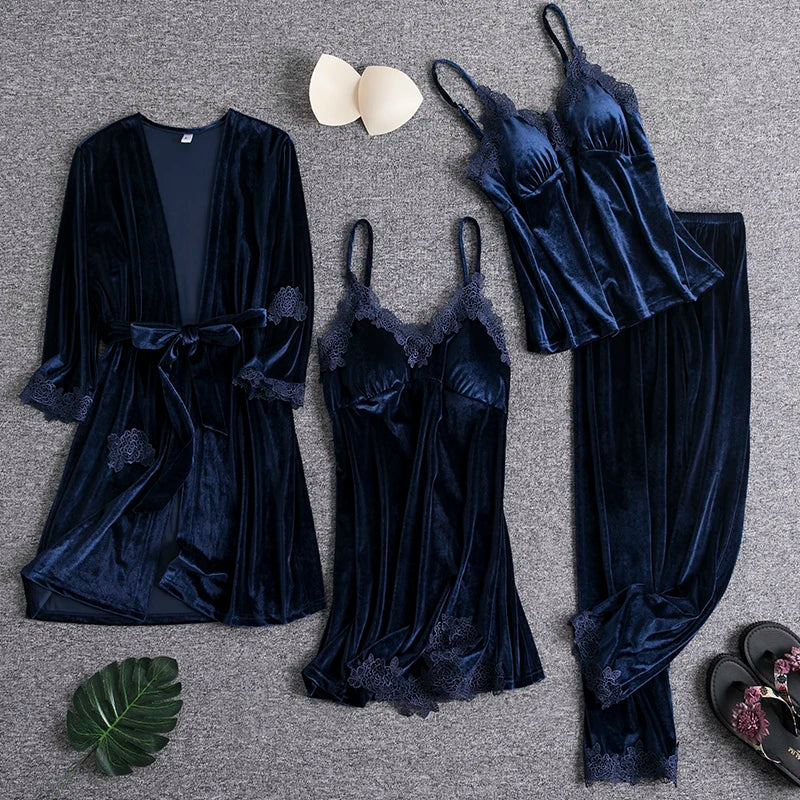 Velour Pajamas Suit Burgundy Womens 4PCS Nightgown Sleep Set Spring Robe Gown Sleepwear Pijamas Velvet Nightwear Home Clothing