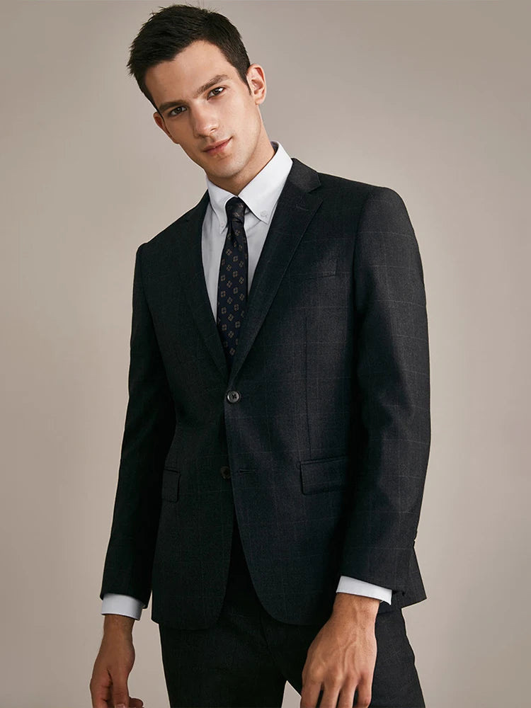100% Wool Mens Suits Set Blazer + Pant High Quality Dark Deep Grey Christmas Party Wear Single Breasted Thin Formal Clothing 46A