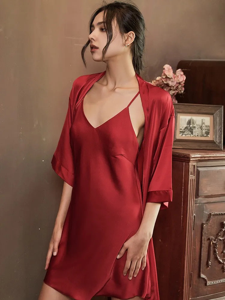 Satin Robe Set Sexy Women Sleepwear Casual Intimate Lingerie Faux Silk Nightdress Kimono Bathrobe Gown V-Neck Nightwear