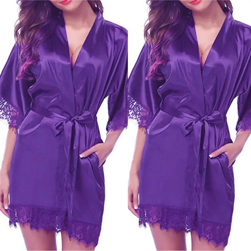 Women Night Gown Satin Robe Bathrobe Satin Nightgown Halt Sleeve Pajamas Lingerie Night Mini Dress Lace Sexy Sleepwear hot sale