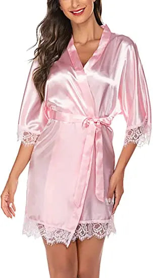 Silky Lace Robe, Monochrome robe，Satin Bridesmaid Robes ,Lace Bride Robe,Bridesmaid Gifts , women robe A9007