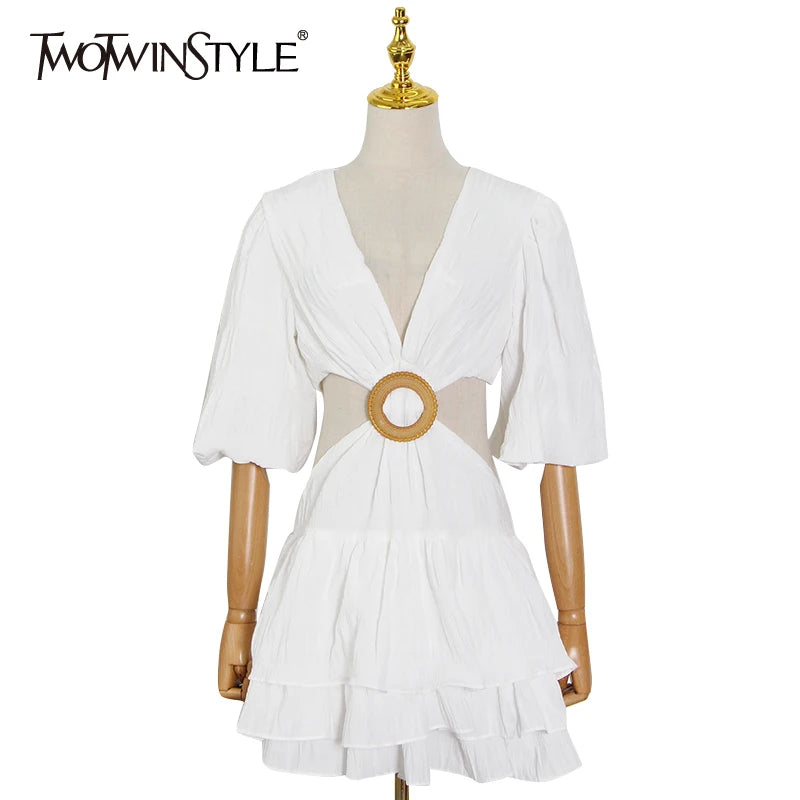 TWOTWINSTYLE White Sexy Dress For Women V Neck Lantern Half Sleeve Hollow Out High Waist Mini Dresses Female Summer New Clothing