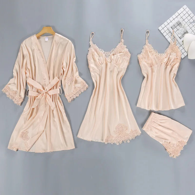 Satin Sleepwear Female with Chest Pads Sexy Women Pajamas Lace Slik Sleep Lounge 4 Pieces Sets Elegant Ladies Indoor Clothing