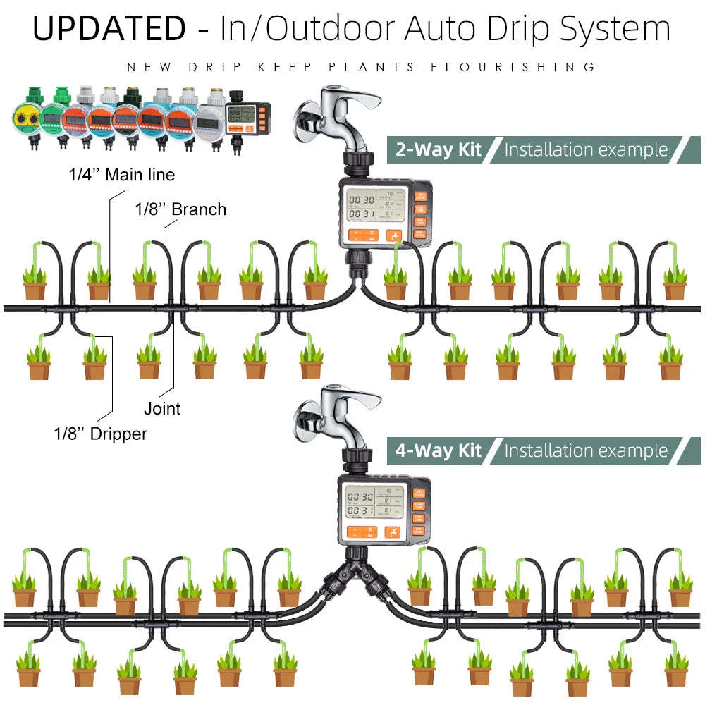 1Kit Garden Automatic Micro Green Drip Irrigation Kit Watering System Timer 4/7&3/5mm Hose Elbow Arrow Emitter for Bonsai Plant