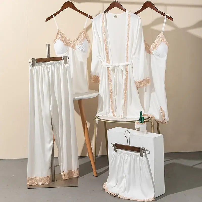 Sexy Rayon Silk 5PCS Pajamas Set Female Sleepwear Print Flower Bathrobe Nightgown Lady Loose Casual Pijamas Suit Home Clothes