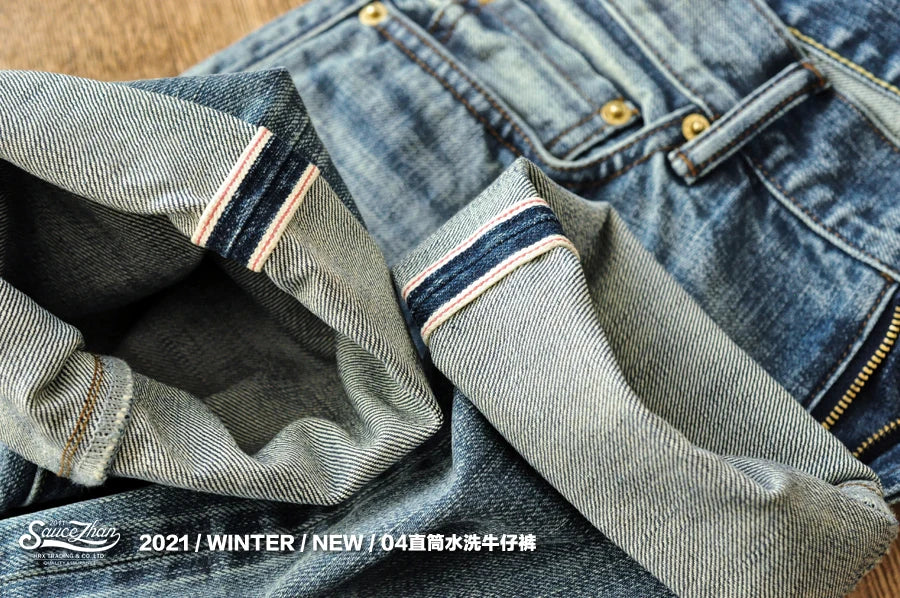 Saucezhan Mens Jeans Distressed  Moustache Effect Wash  Selvedge Denim Jeans  Motorcycle Regular Fit Straight Leg 14 Oz