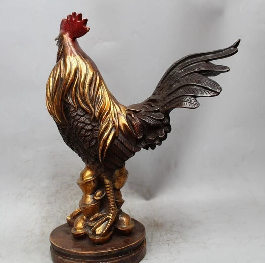 14" Chinese Feng Shui Bronze Wealth Zodiac Year Rooster Cock Statue Sculpture Brass Copper garden