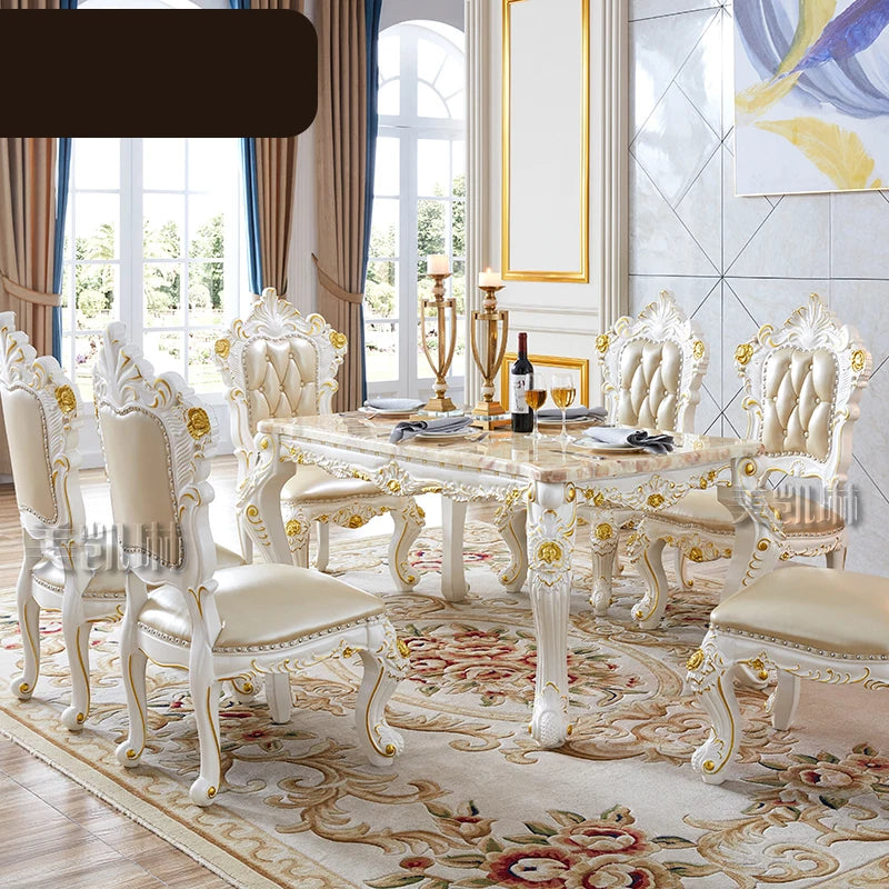 Dining Table Pink Dragon Jade Marble Long Dining Table Leather Dining Chair European-style White Gold-painted Solid Wood