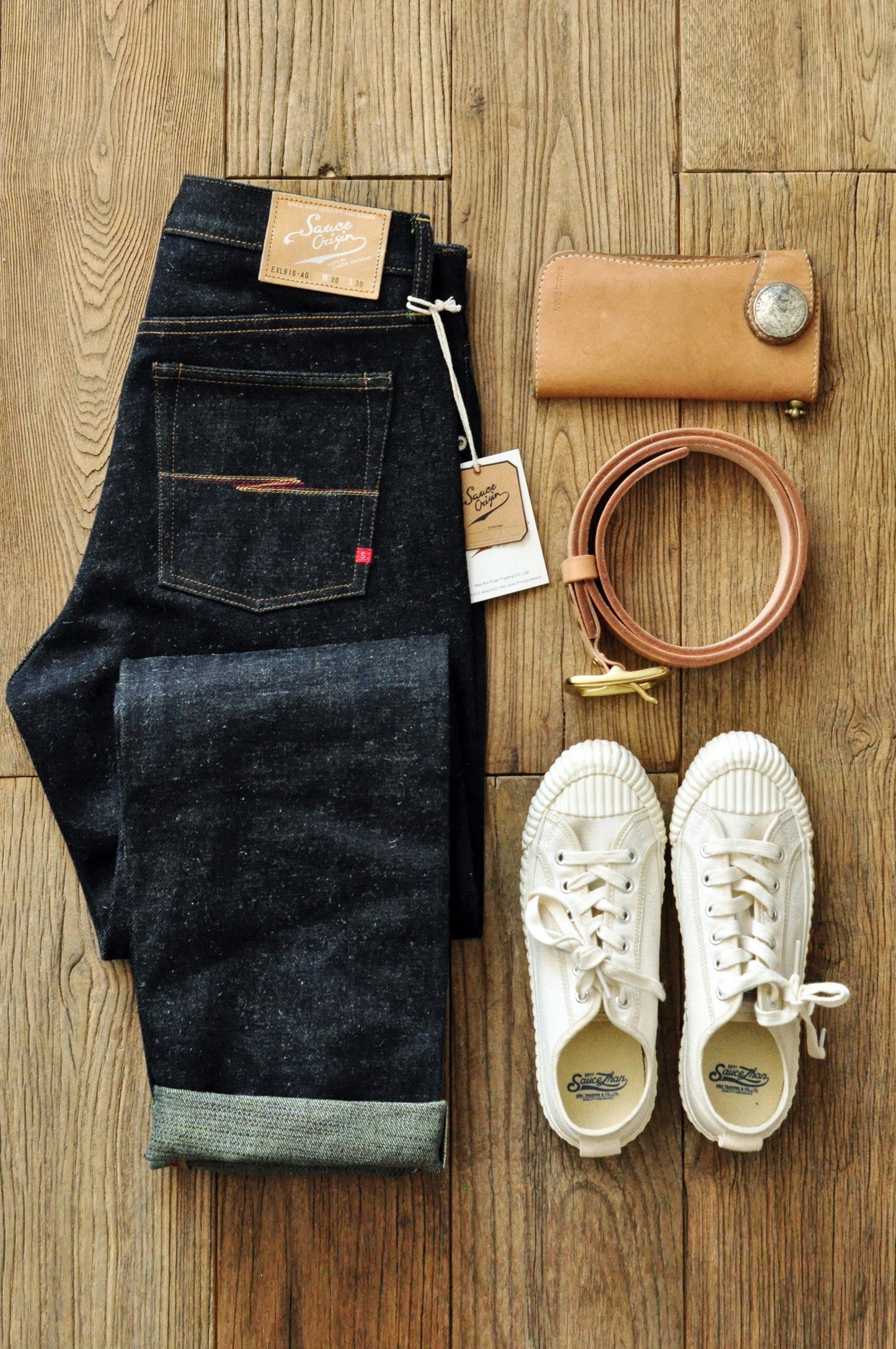 SAUCE ORIGIN EXL916-AG Mens Jeans cotton linen Selvedge Sanforized Raw Denim Jeans for Men Straight Fit Silver Button 19 oz
