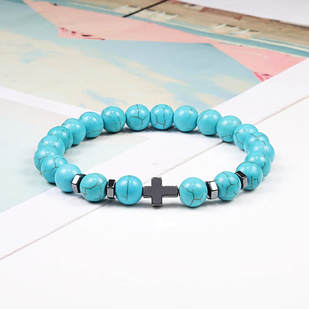 Dropshipping Hot Men Natural Lava Stone Bead Bracelets Hematite Cross Rosary Meditation Prayer Jesus Bracelet Women Yoga Jewelry