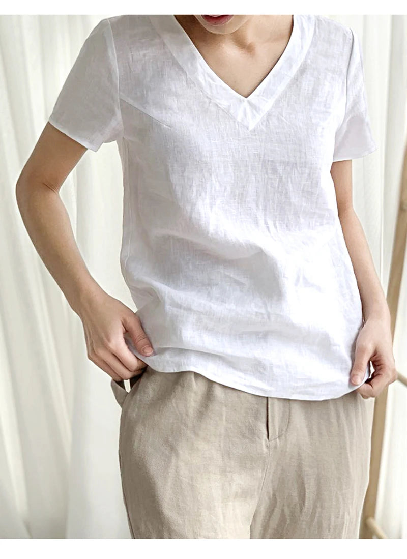 100% Linen V-Neck Short-Sleeved T-Shirt 2021 Summer New Womens Loose Casual Literary Tee Japanese Linen Tops