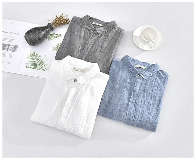 Men Spring Autumn High Quality Healthy 100% Linen Shirts Vintage Wrinkled Soft Breathable Slim Fit Tops Business Casual Shirts