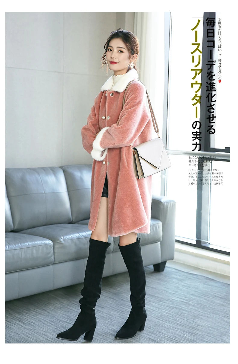 2020 Natural Sheep Shearing Fur Coat With Real Mink Fur Collar Winter Jacket Women Long Warm Overcoat casaco feminino LX2529
