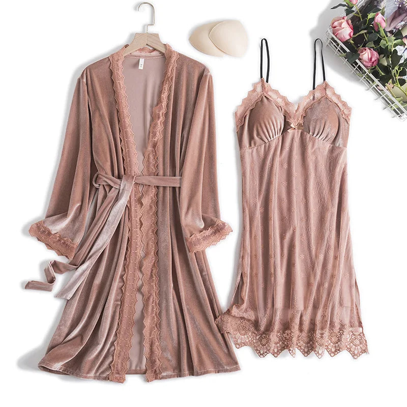 Kimono Robe Velvet Sleepwear Women Casual 2PCS Sleep Set Long Sleeve Bathrobe Gown Novelty Autumn New Velour Home Clothing