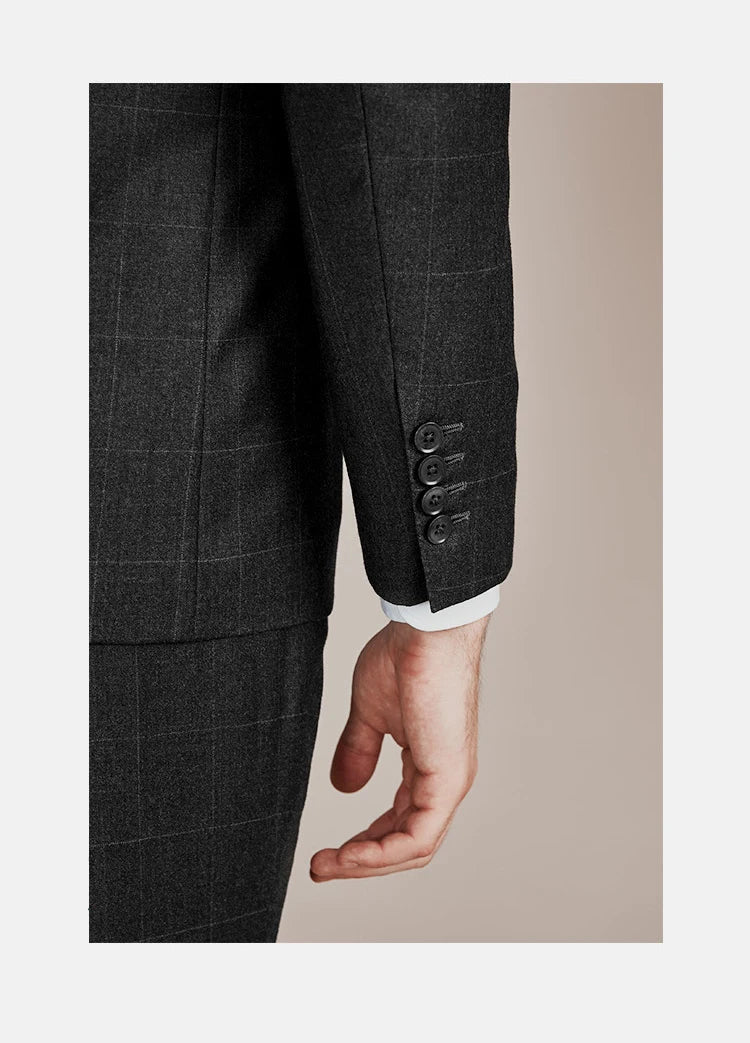 100% Wool Mens Suits Set Blazer + Pant High Quality Dark Deep Grey Christmas Party Wear Single Breasted Thin Formal Clothing 46A