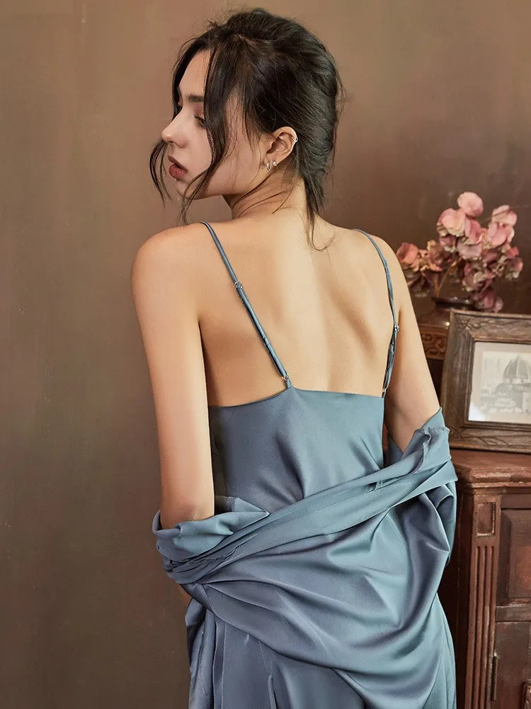 Satin Robe Set Sexy Women Sleepwear Casual Intimate Lingerie Faux Silk Nightdress Kimono Bathrobe Gown V-Neck Nightwear