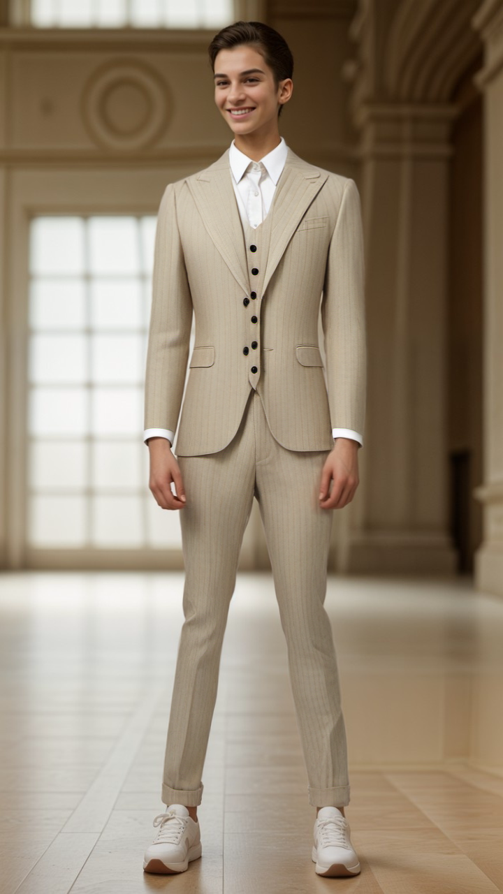 2014 New Back 2 splits M-4XL men's set suit Korean version slim striped light coffee casual suit three-piece suit men set