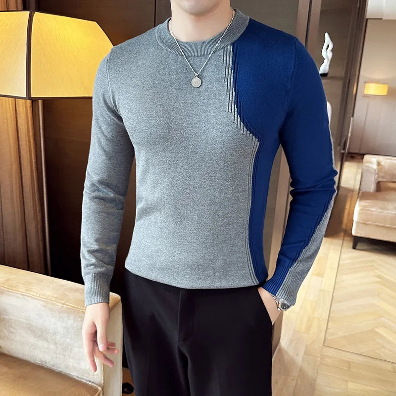 Knitwear Sweater Patchwork Color Long Sleeve Sweaters For Men Korean Luxury Clothing O-Neck Slim Fit Pullovers Pull Homme Sale