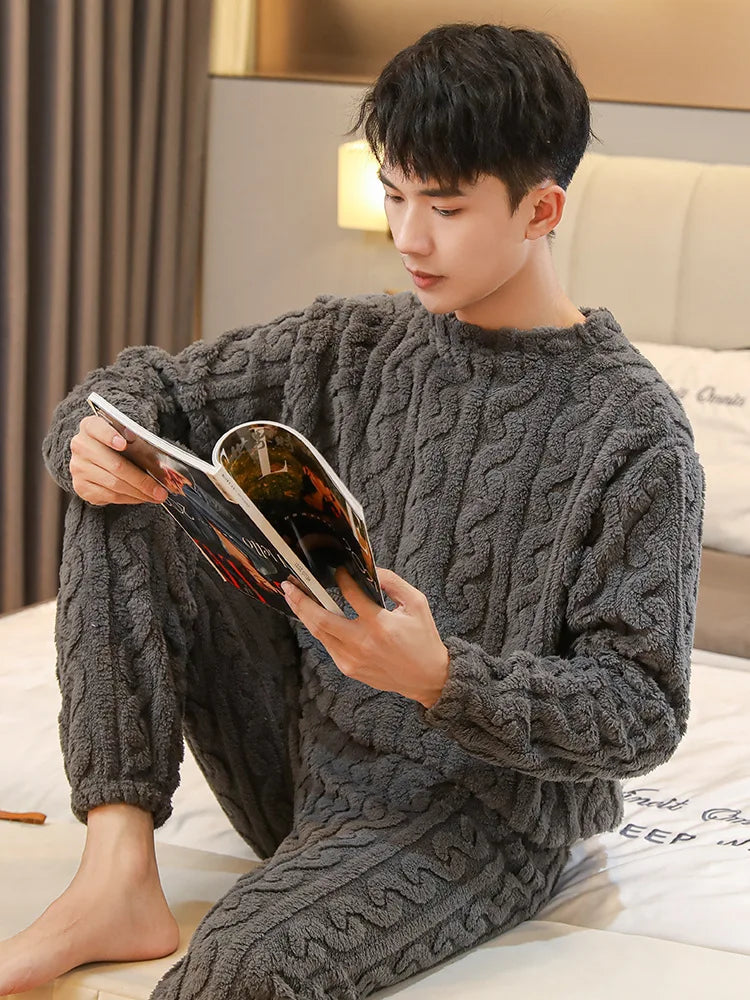 Coral Fleece Pajamas Men's Fall and Winter Thickened Padded Homewear Suit Warm Ladies Teen Facecloth Pajamas Homewear Suit