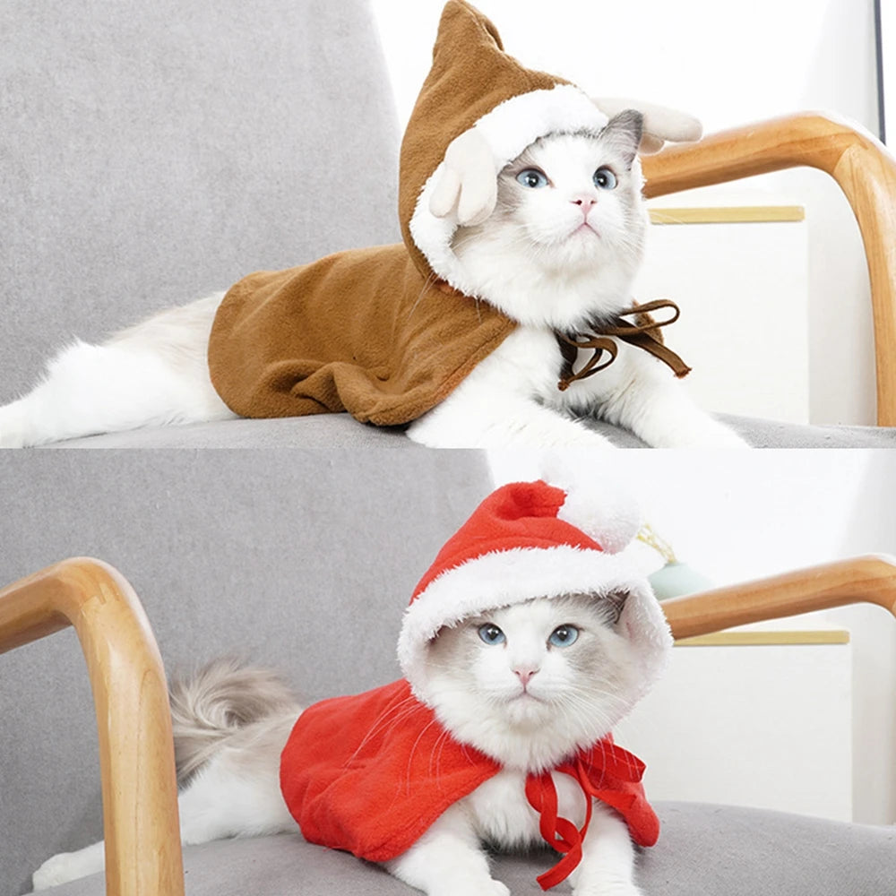 Winter Cat Costume Santa Cosplay Funny Transformed Cat Dog Pet Christmas Cape Dress Up Clothes Red Scarf Cloak Props Decoration