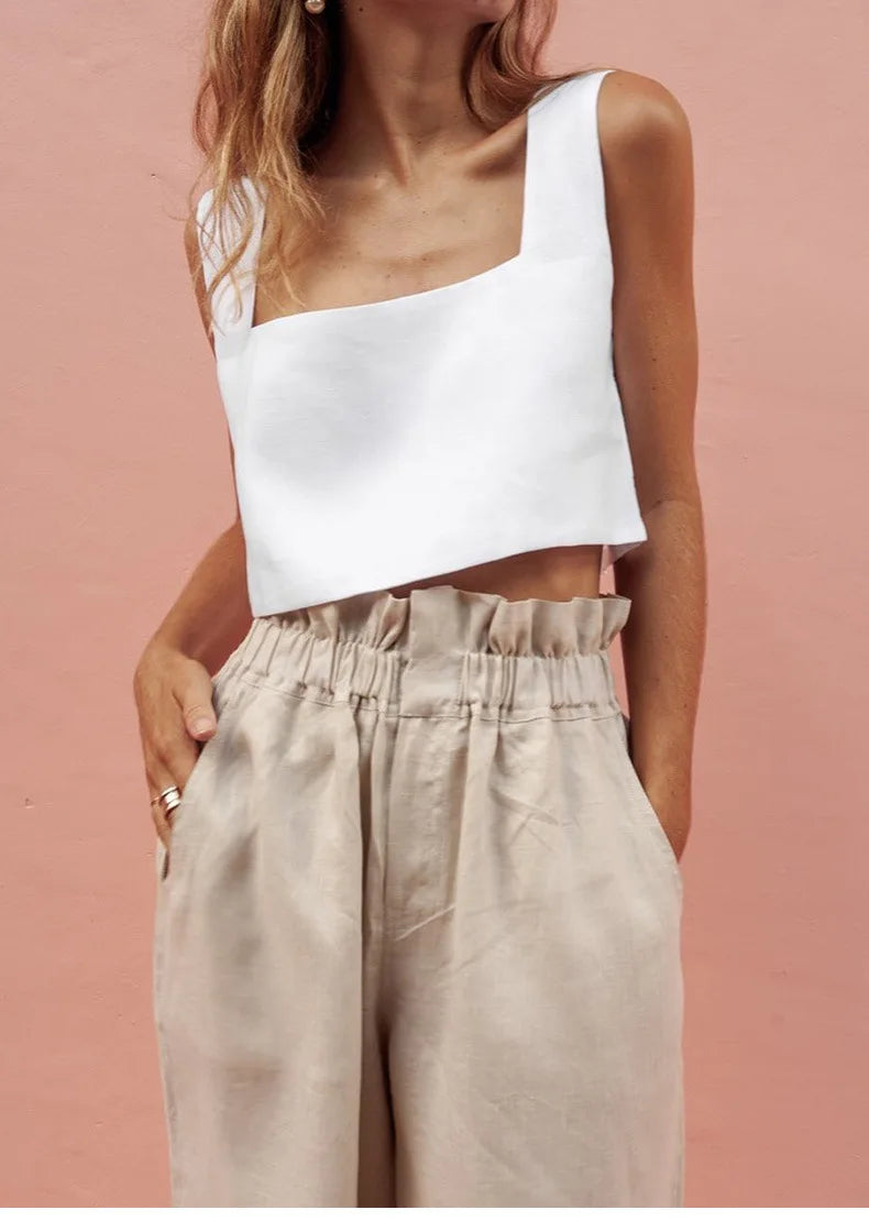 100% Linen White Crop Top 2024 Summer Vintage Square Collar Sleeveless Streetwear Green Top Fashion Clothing