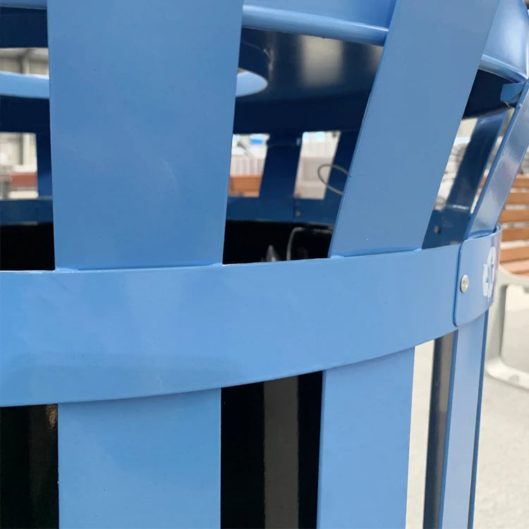 popular blue color round steel iron big garbage can container outdoor garden dustbin metal commercial waste trash bins for parks