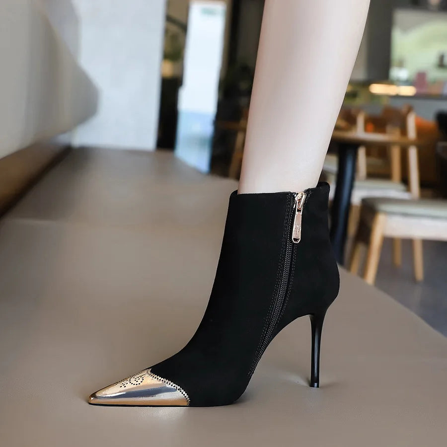 Women Ankle Length Flock Boots Winter Pointed Toe Thin Heels High Heel Shoes Ladies Side Zippper Ankle Boots 173-1